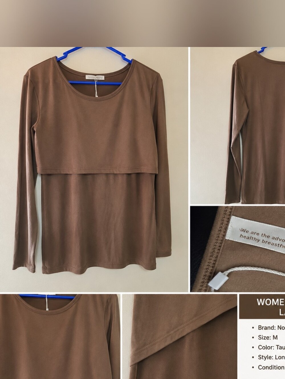 Women's Taupe Layered Nursing Long-Sleeve Top